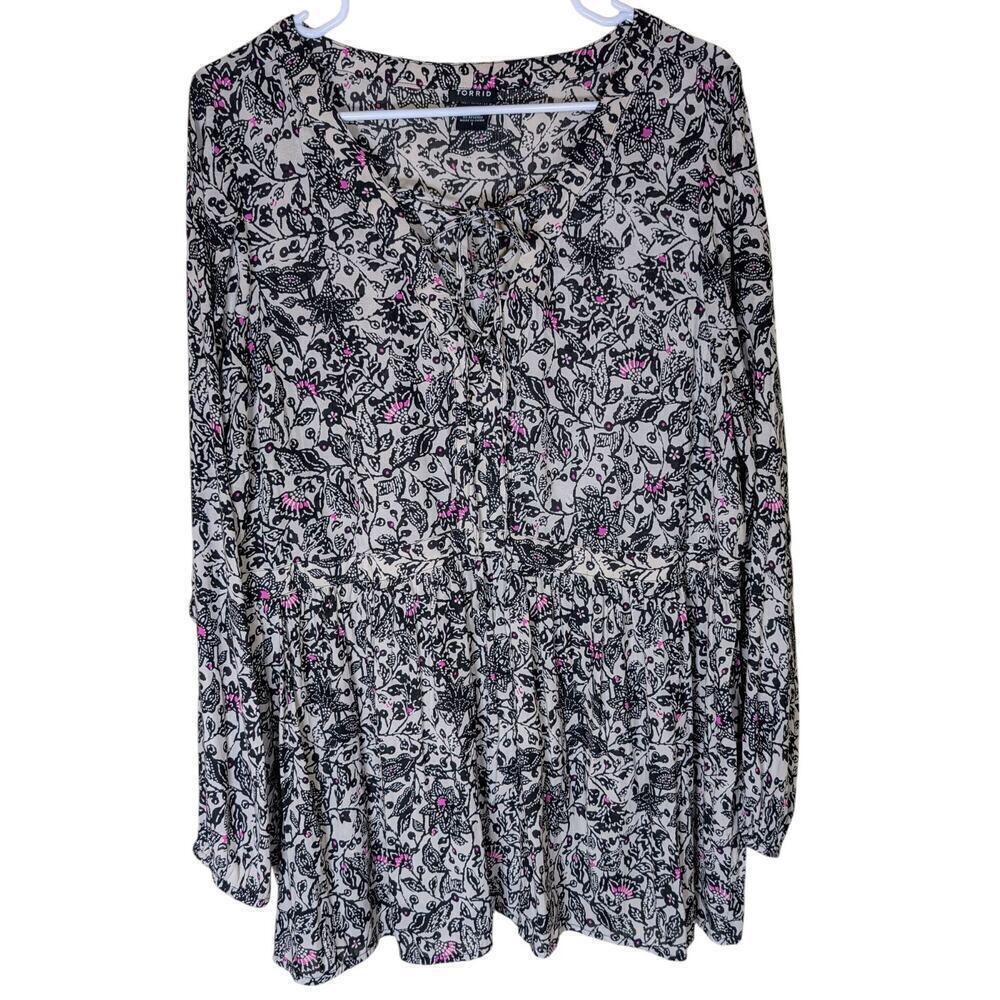 Torrid Baby Doll Shirt Womens 1X Floral Tie Neck Smocked Long Sleeve Cottagecore